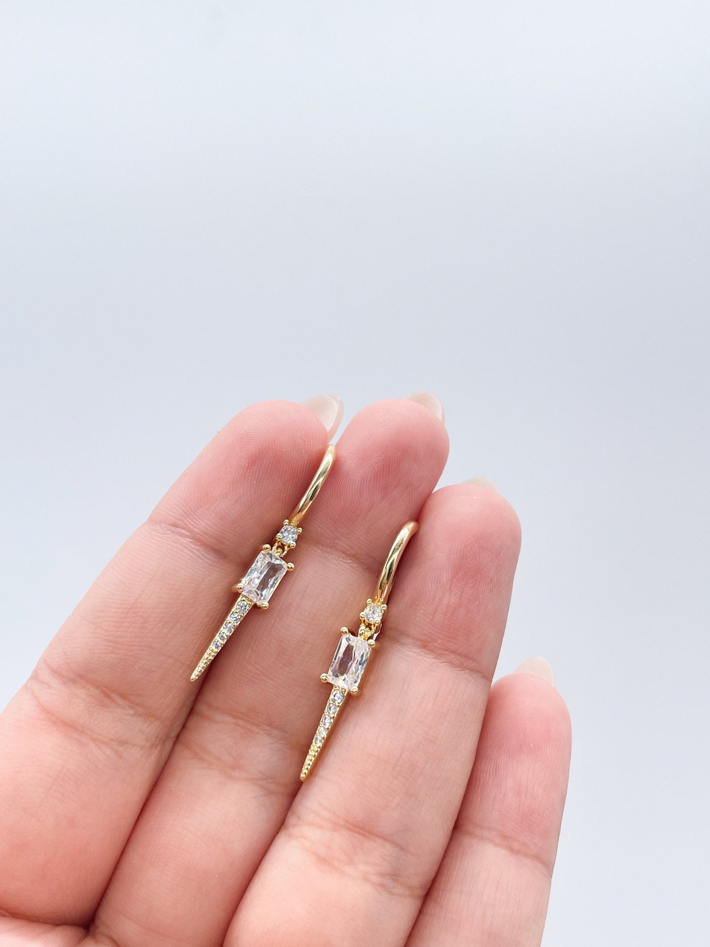 18k Gold Filled Spear Charm Dangling Earring With CZ Pave