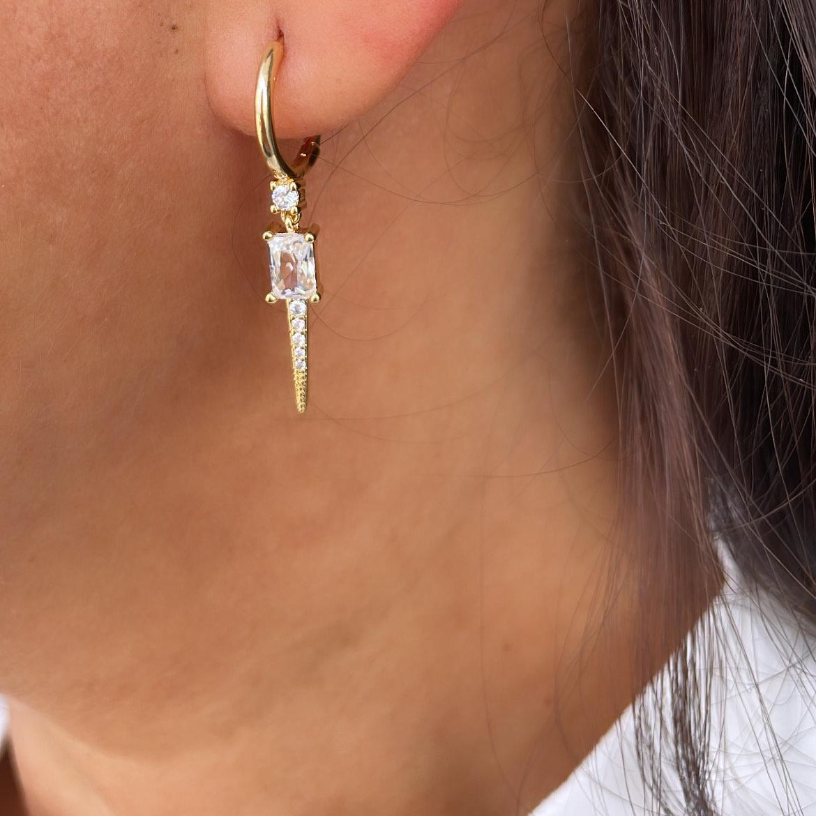 18k Gold Filled Spear Charm Dangling Earring With CZ Pave