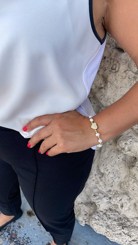 18k Gold Filled 6mm Elastic Beaded with Pearl Beads and Heart