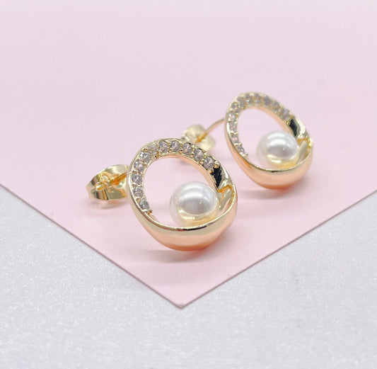 18k Gold Filled Dainty Gold Studs, Crowned with CZ Stones and Pearl Center Piece