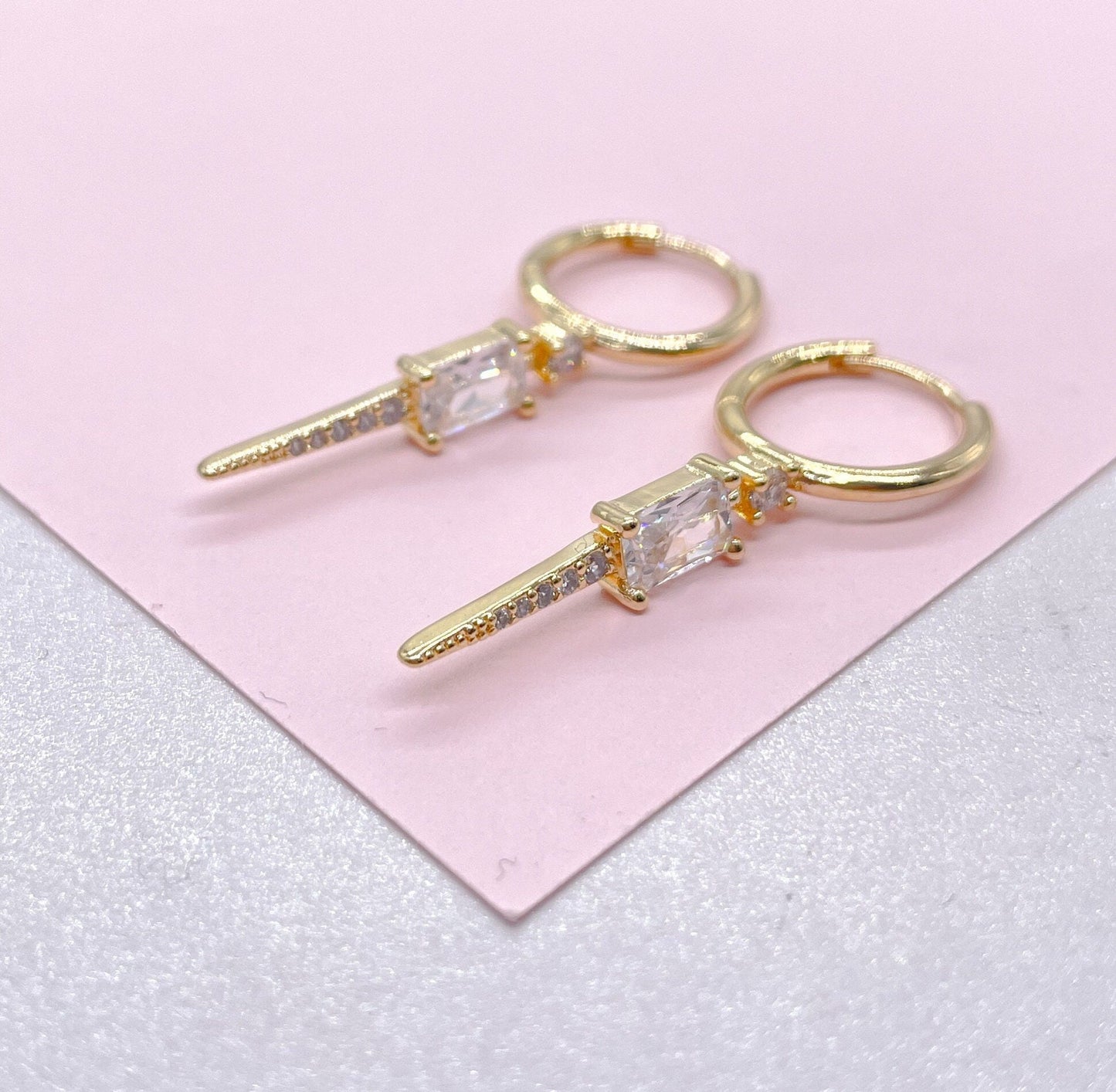 18k Gold Filled Dangling Spear Charm Earring With Baguette Cut and Micro CZ