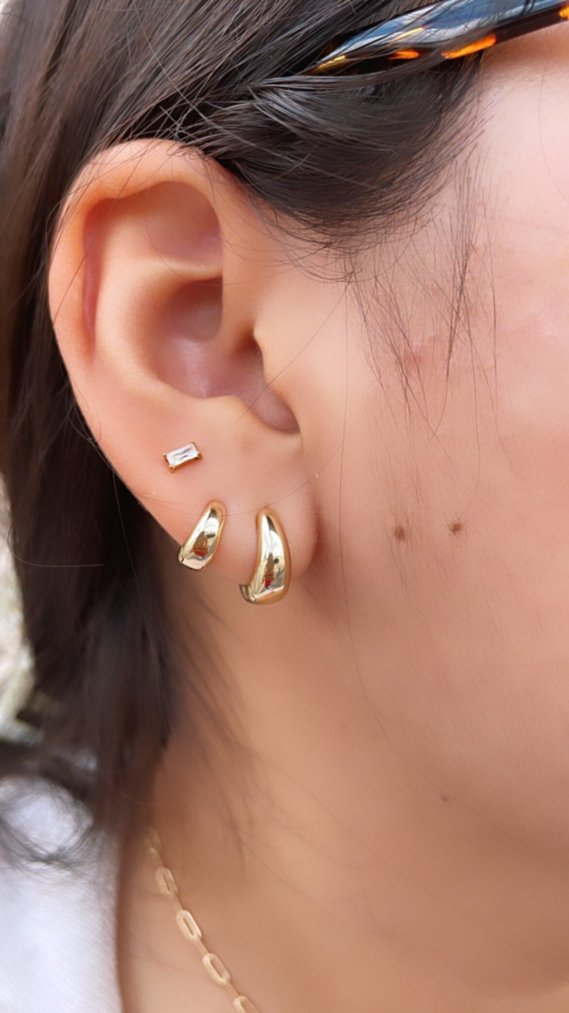 Tiny 18k Gold Filled Small Tear Drop Shape Huggie Clicker Earrings