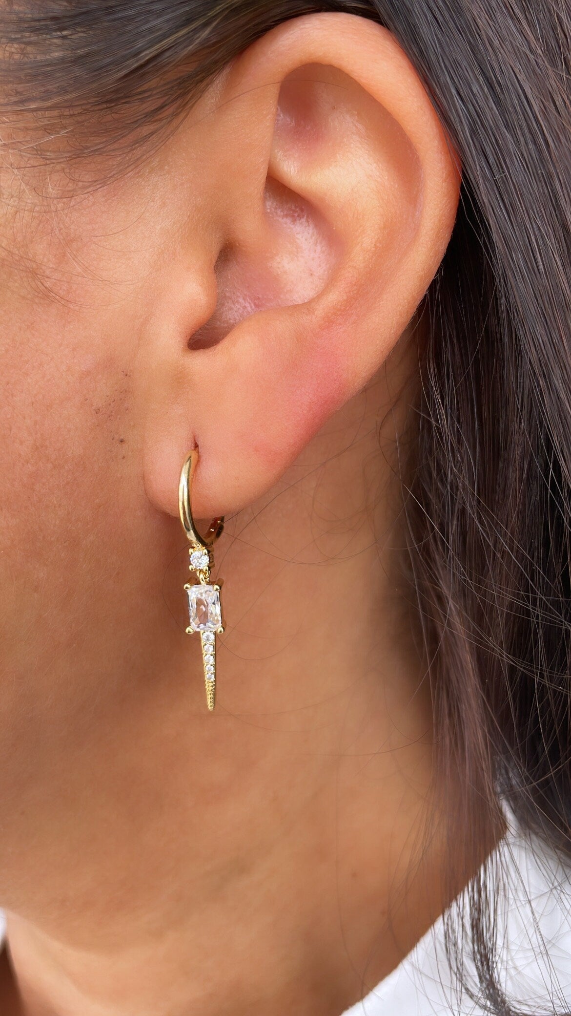 18k Gold Filled Dangling Spear Charm Earring With Baguette Cut and Micro CZ