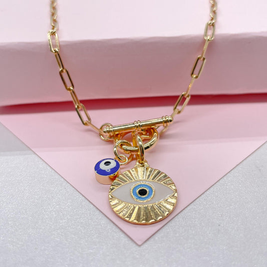 18k Gold Filled Paperclip Toggle Choker with Blue Evil eye charms