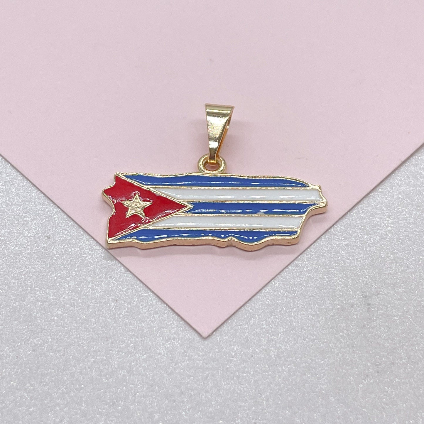 18k Gold Filled Enamel Cuban Pendant, Cuban Flag Jewlery, Gold Enamel pendant, Bandera de Cuba