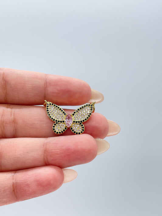 18k Gold Filled Butterfly Charm with Baby Pink Micro Pave Zirconia Butterfly Pendant
