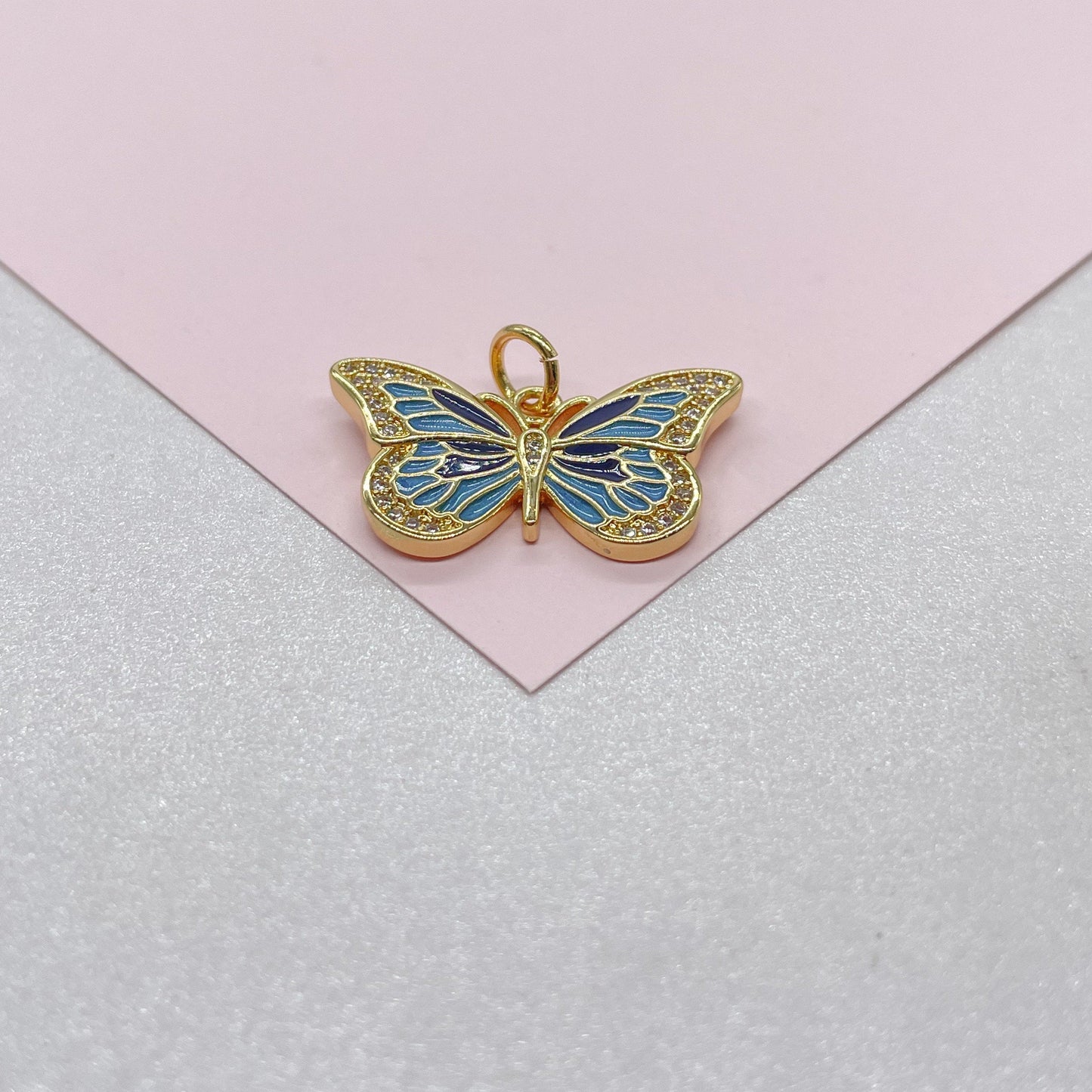 18k Gold Filled Blue tones Enamel Butterfly Charm With CZ Pave