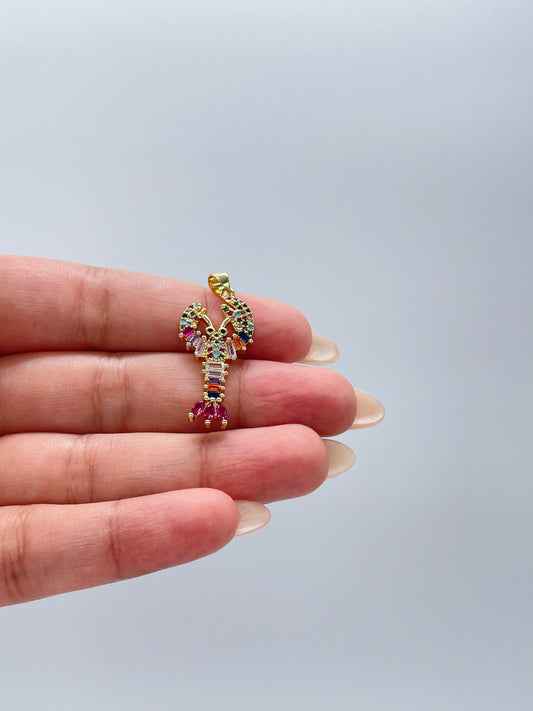 18k Gold Filled Small Colorful CZ Lobster with Baguette Stones