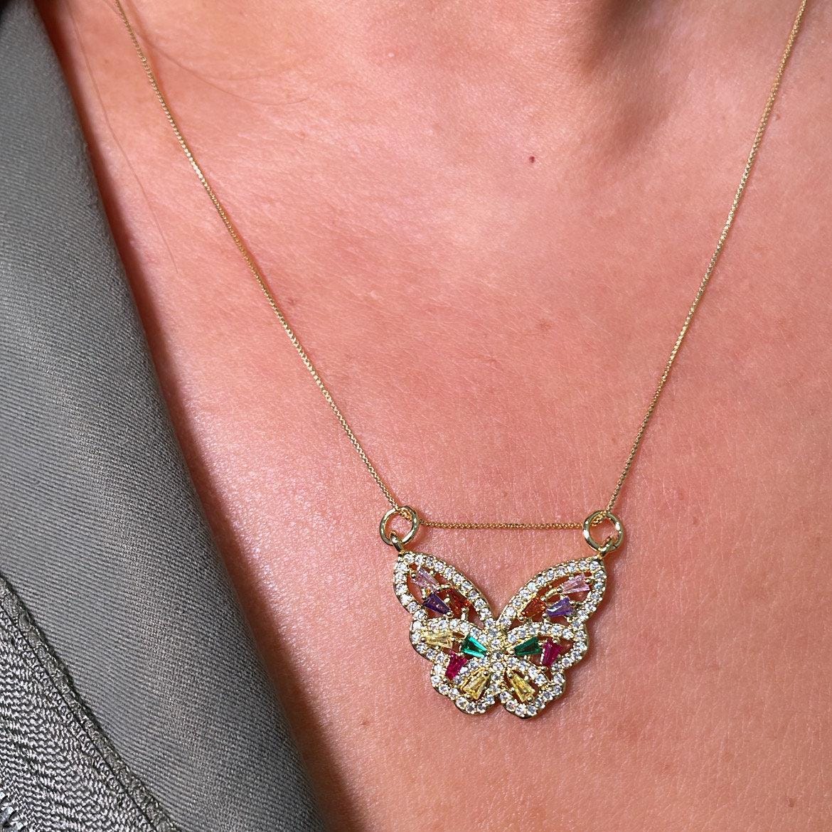 18k Gold Filled Butterfly Charm with Colorful Micro Pave Zirconia Multicolor Butterfly Pendant