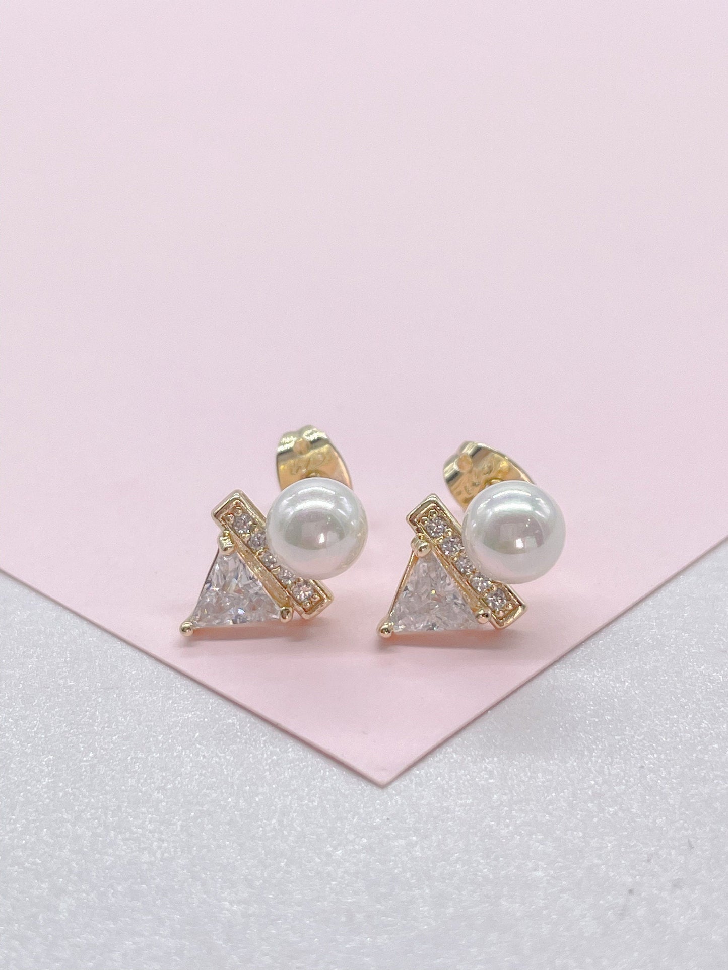 18k Gold Filled Faux Pearl Stud with Triangle CZ Stone