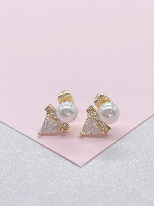 18k Gold Filled Faux Pearl Stud with Triangle CZ Stone