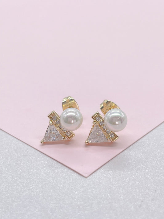 18k Gold Filled Faux Pearl Stud with Triangle CZ Stone
