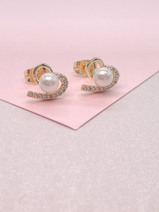 18k Gold Filled Tiny Heart Stud With Pearl CZ In Center