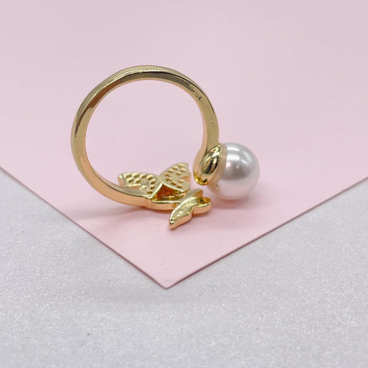 Adjustable 18k Gold Filled CZ and pearl Butterfly Ring Dainty Jewelry