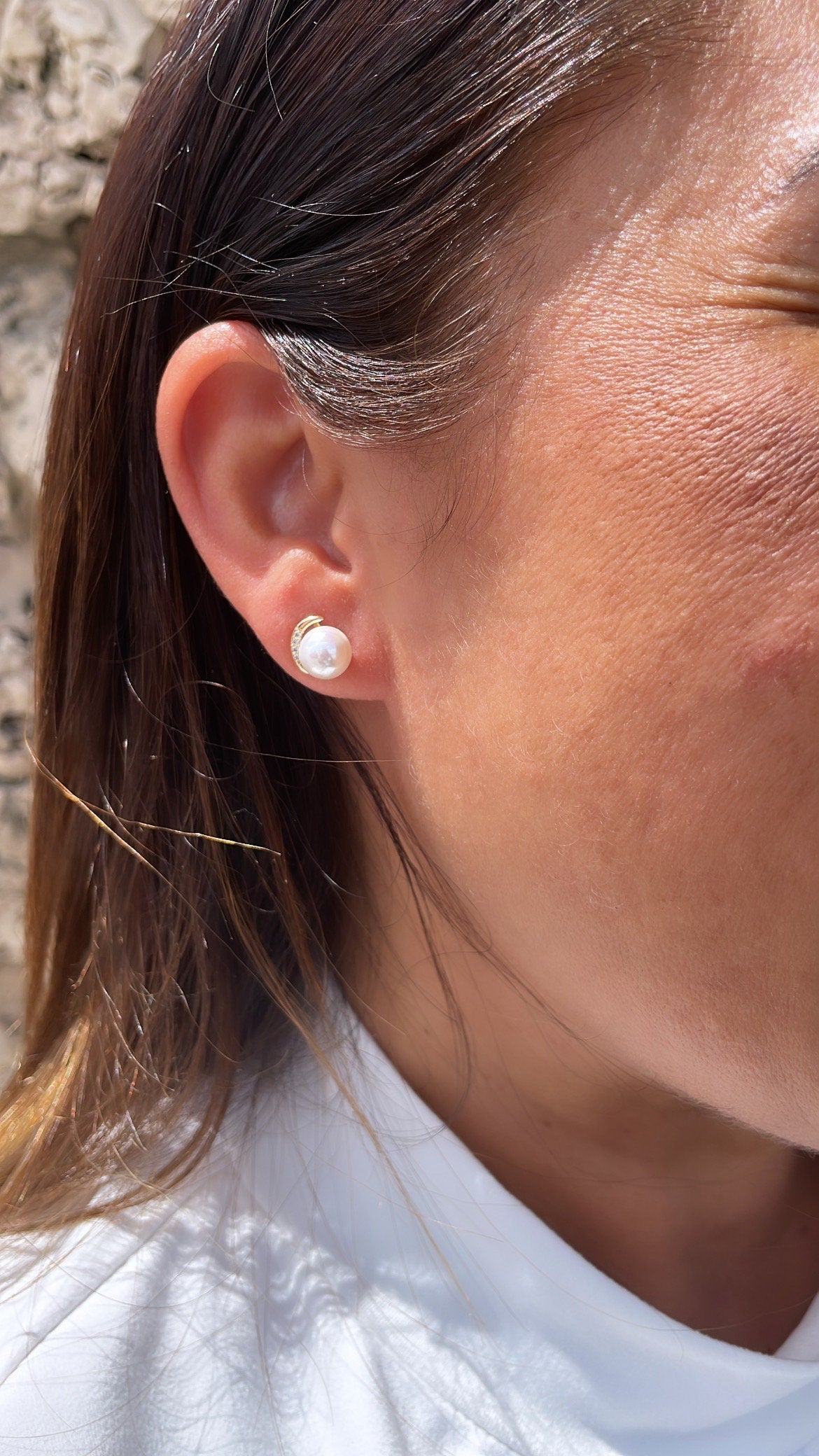 18k Gold Filled Crescent Moon Stud With Pearl Center Piece