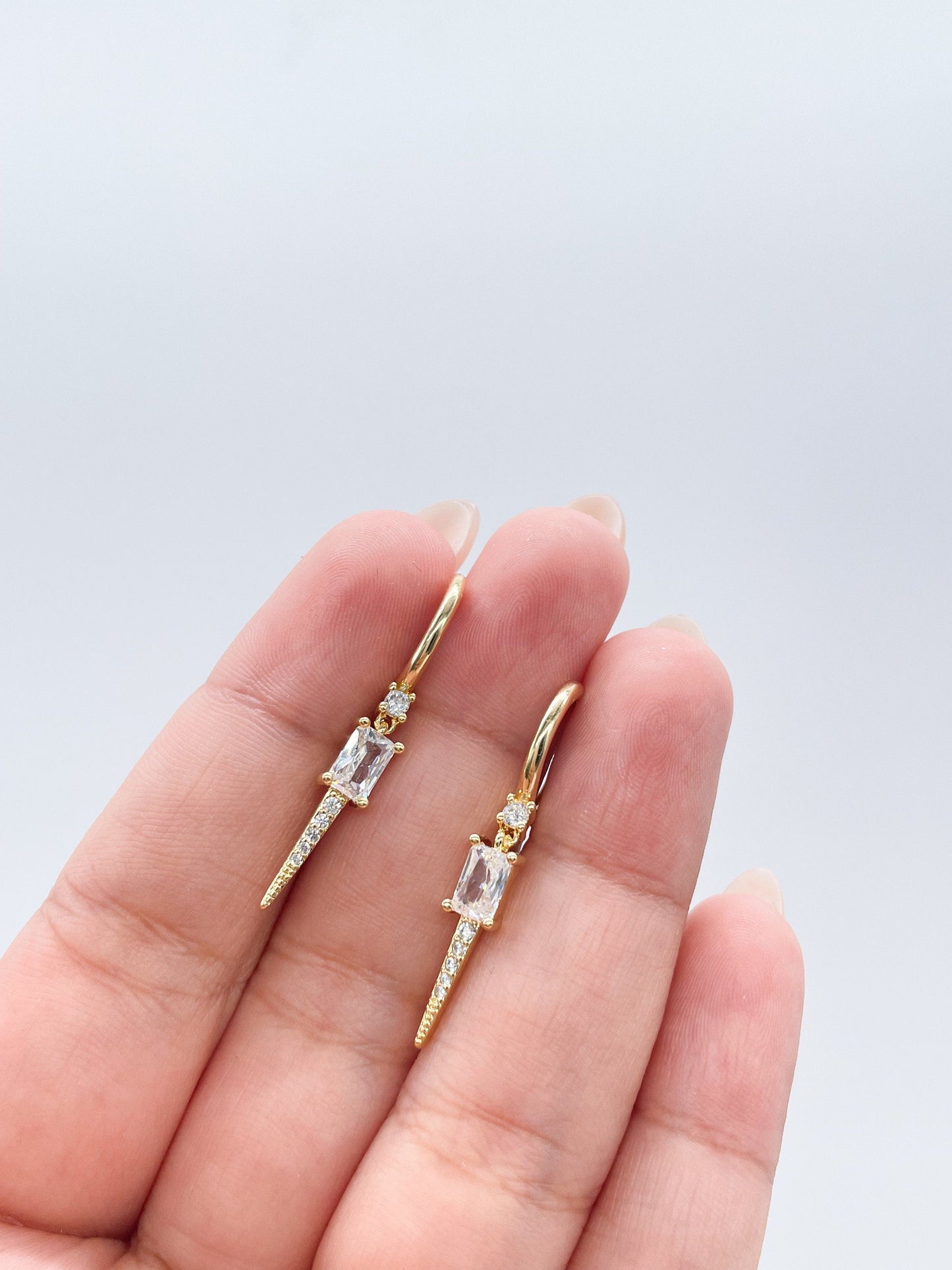 18k Gold Filled Spear Charm Dangling Earring With CZ Pave