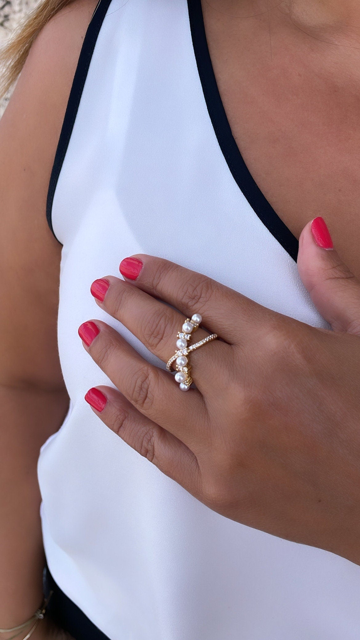 Adjustable 18k Gold Filled CZ and pearl Ring Dainty Jewelry