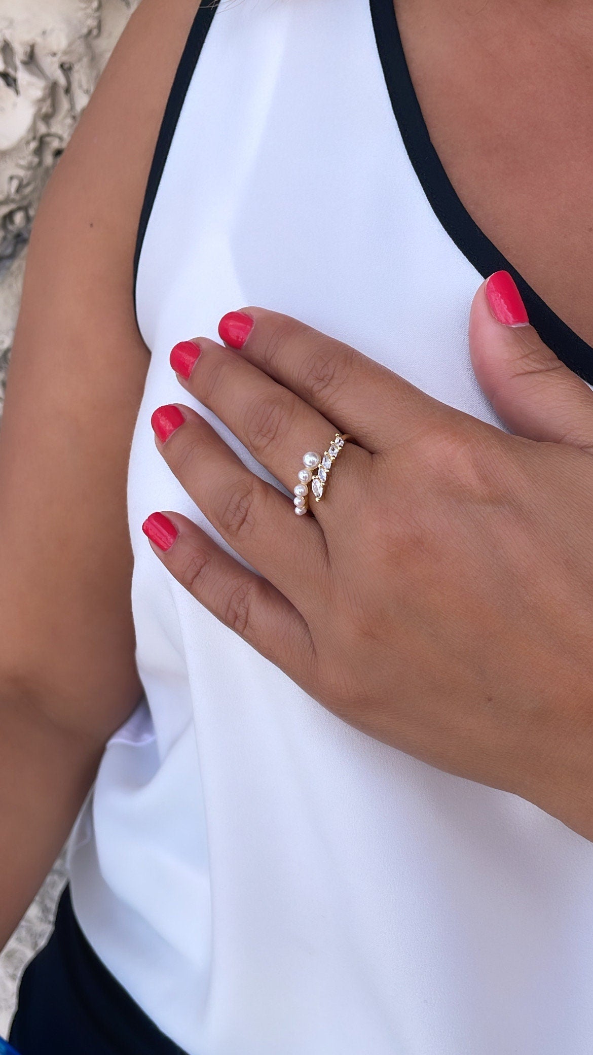 Adjustable 18k Gold Filled CZ and pearl wrap Ring Dainty Jewelry