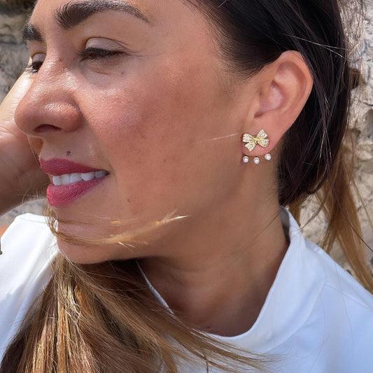 18k Gold Filled Bow Stud Jacket Earring With Pearl Ends