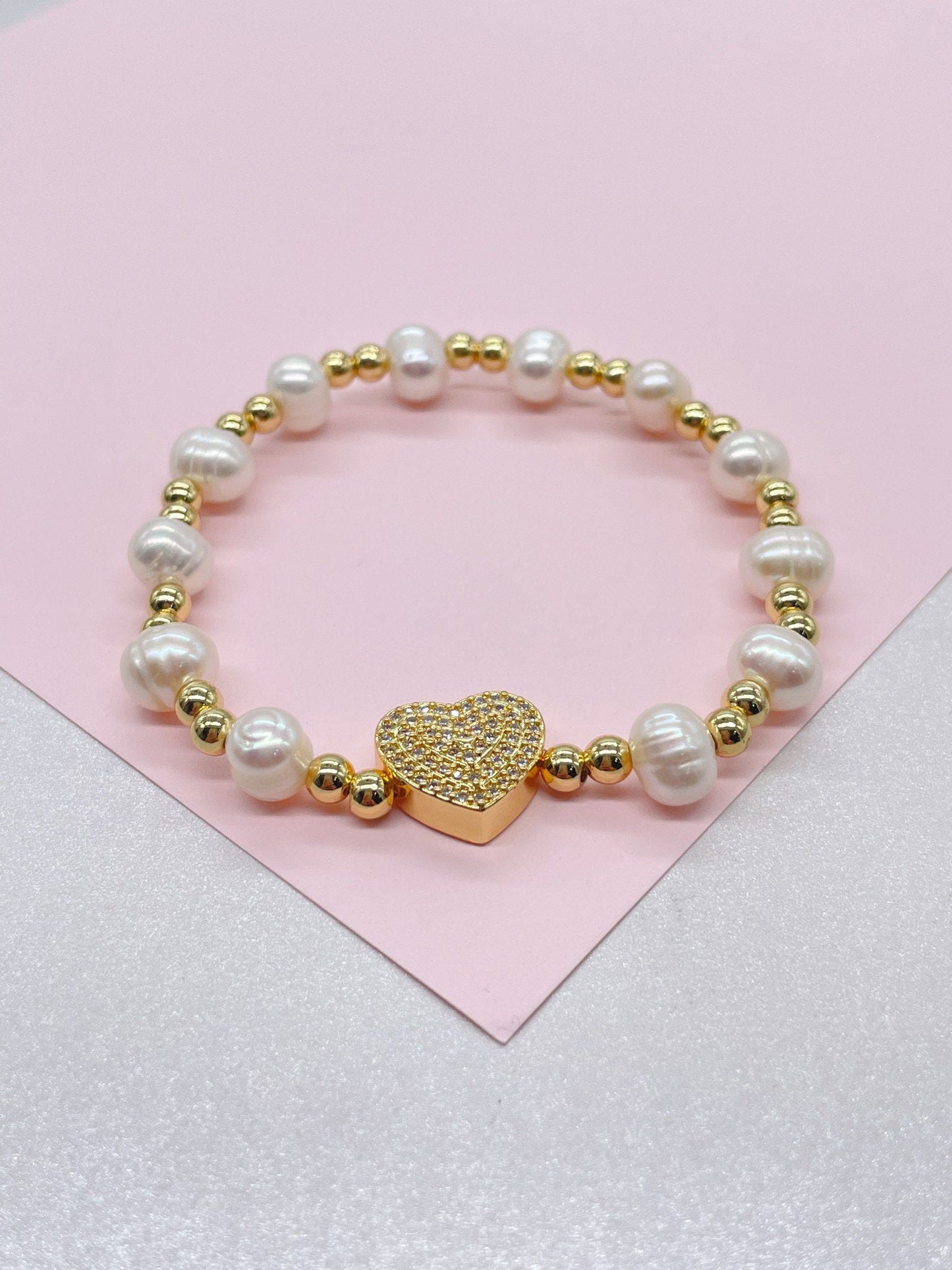 18k Gold Filled 6mm Elastic Beaded with Pearl Beads and Heart