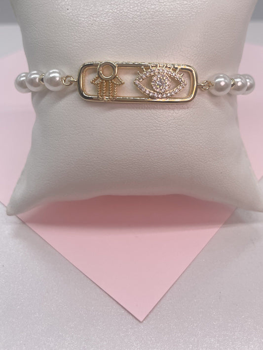 18k Gold Filled Pearl Adjustable Bracelet with Evil Eye and Hamsa