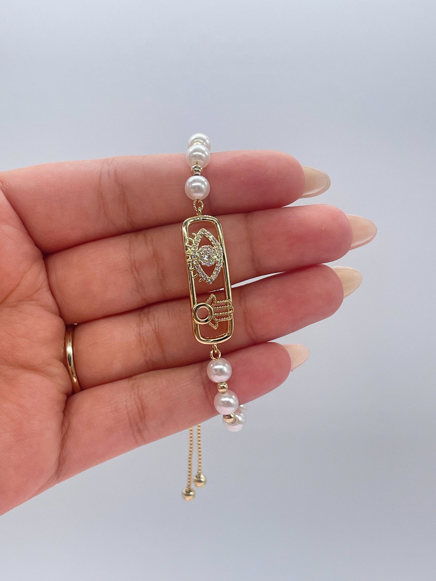 18k Gold Filled Pearl Adjustable Bracelet with Evil Eye and Hamsa