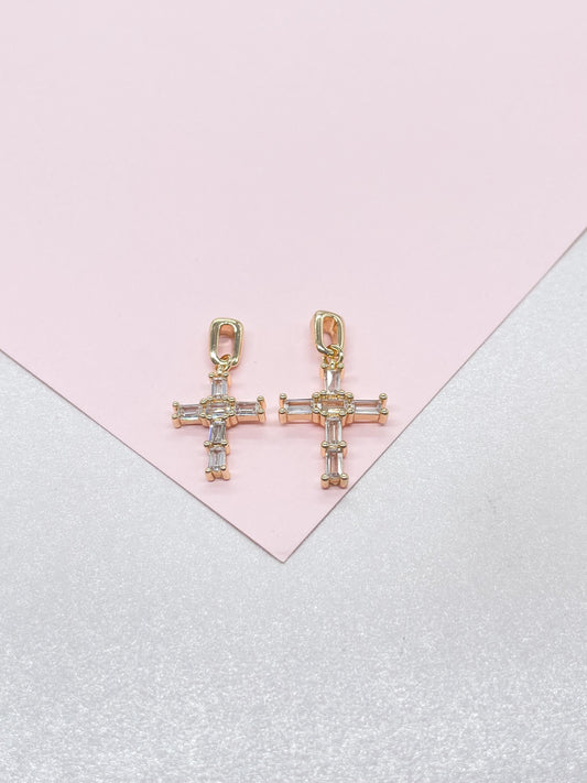 18k Gold Filled Clear CZ Baguette Stone Cut Cross Pendant In 2 Sizes