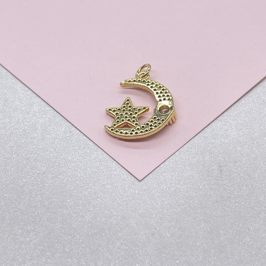 18k Gold Filled CZ Pave Moon & Star Necklace Charm