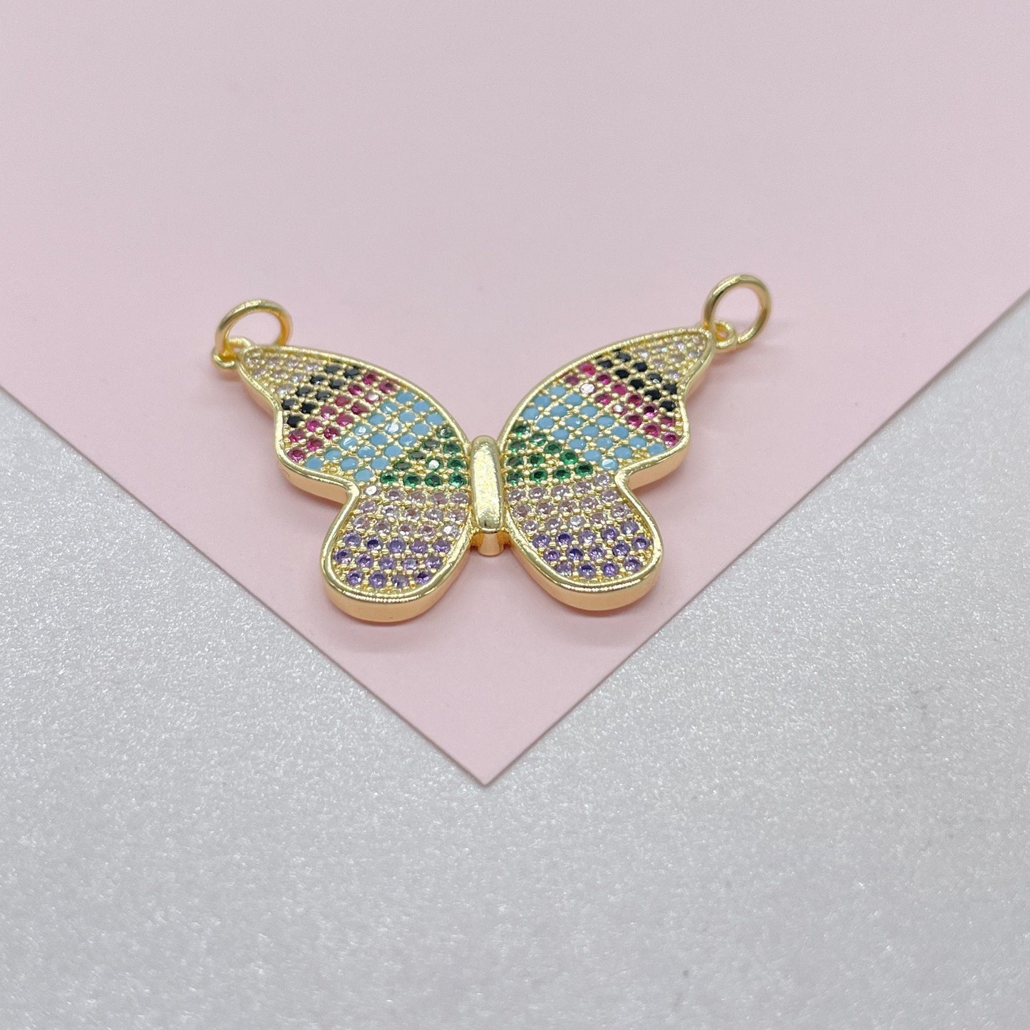 18k Gold Filled Butterfly Charm with Colorful Micro Pave Zirconia Multicolor Butterfly Pendant