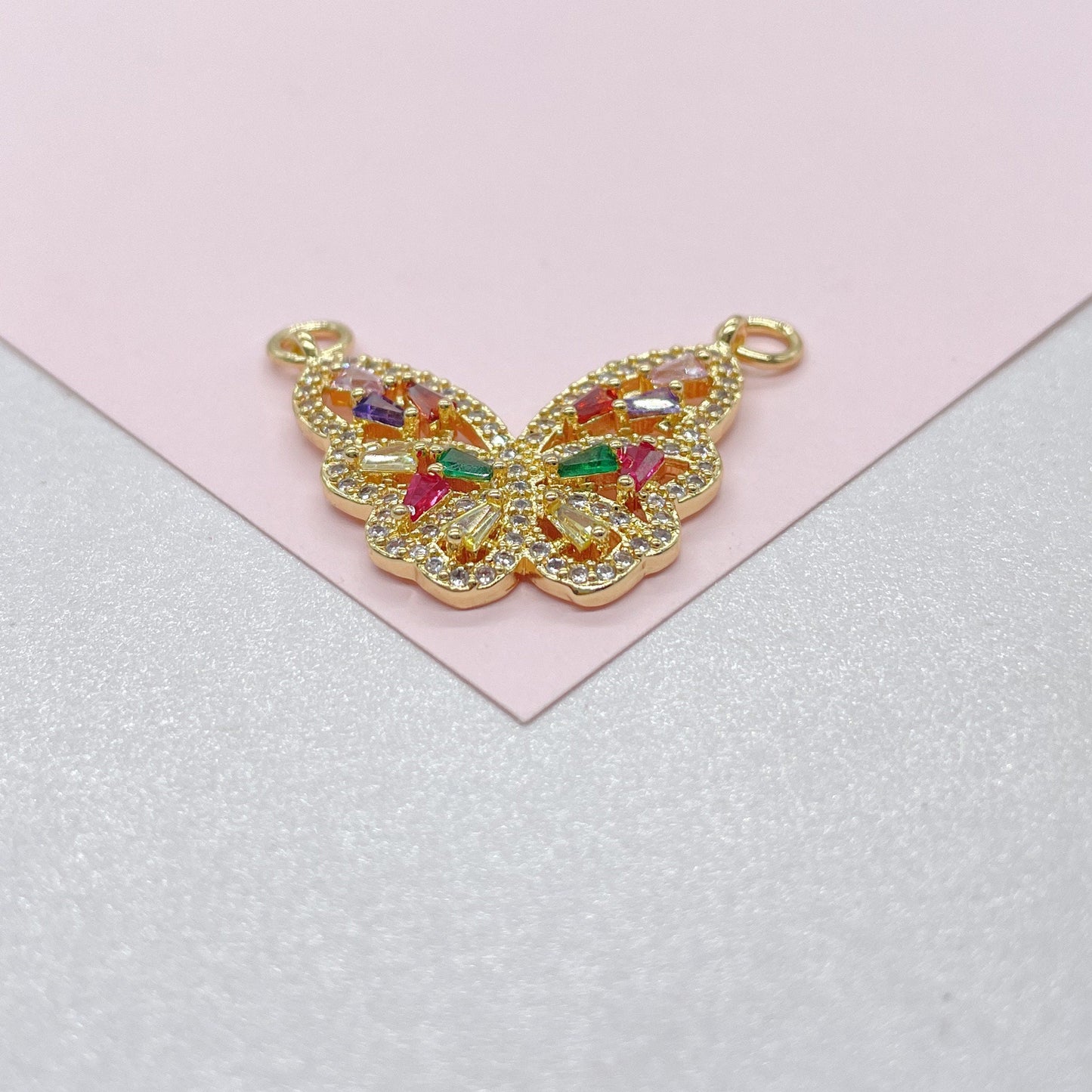 18k Gold Filled Butterfly Charm with Colorful Micro Pave Zirconia Multicolor Butterfly Pendant