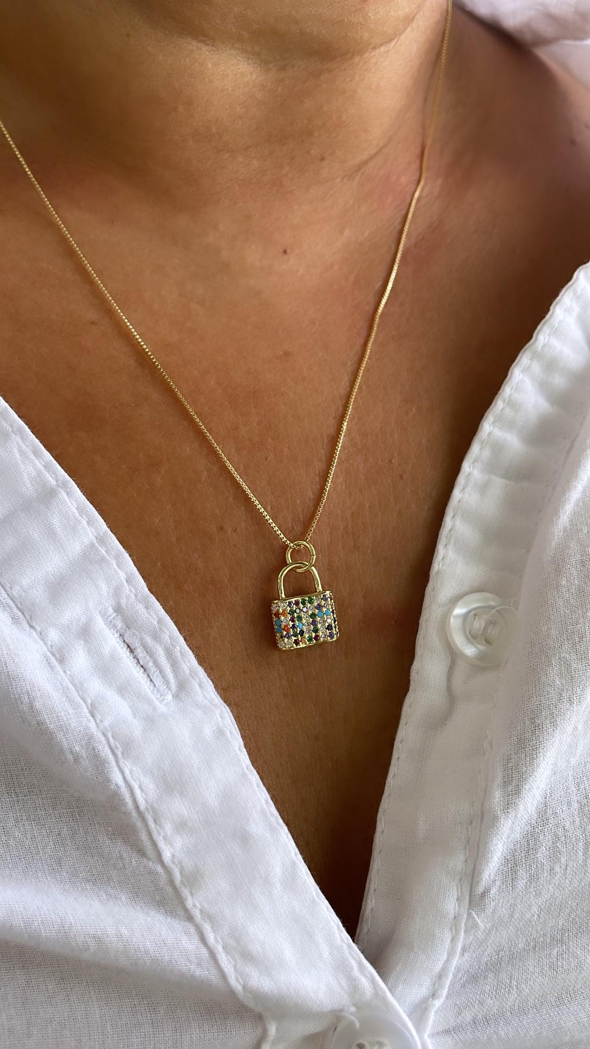 18k Gold Filled Chunky Colorful Pavé Lock Pendant