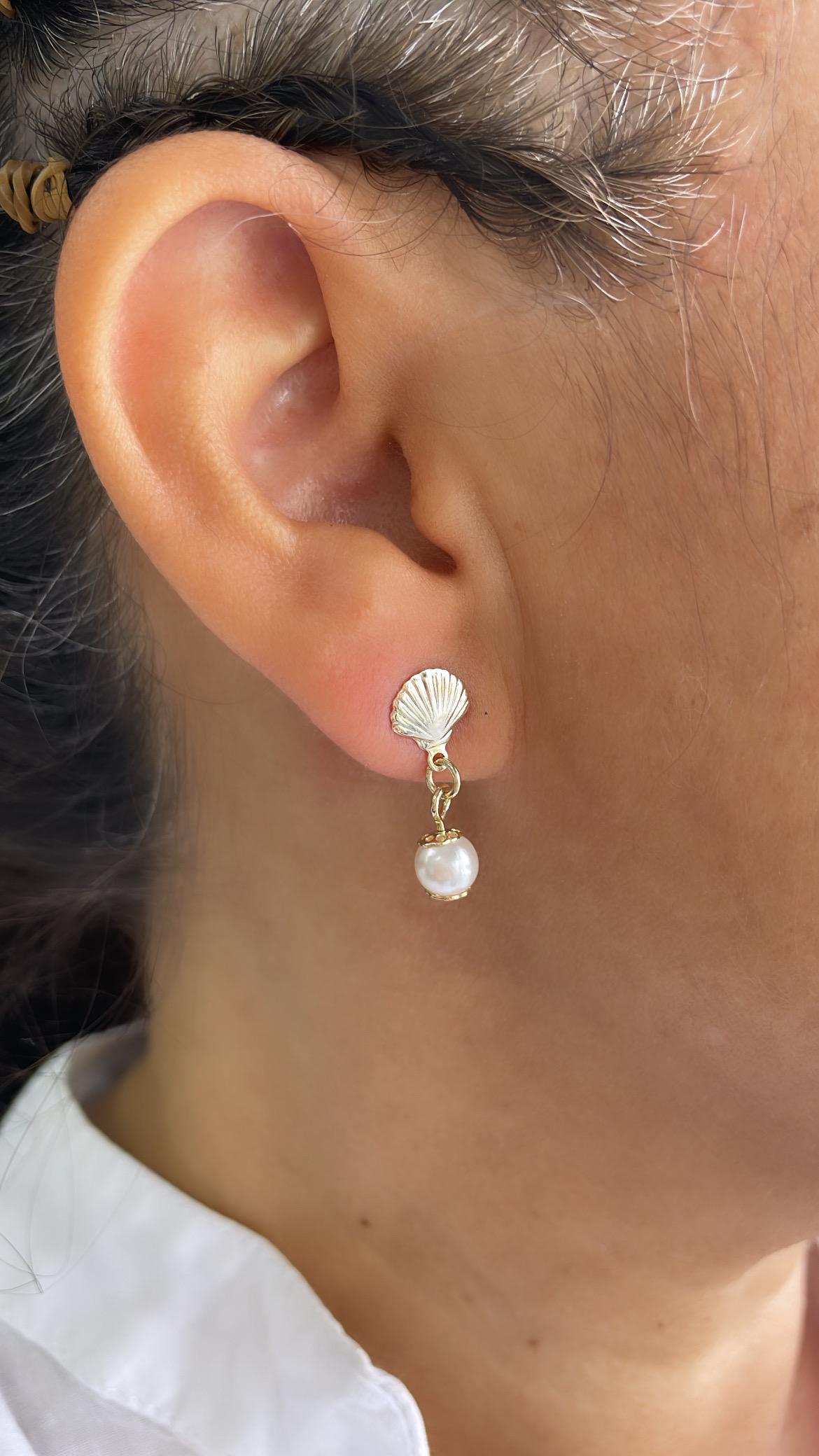 18k Gold Filled Seashell and Dangling Pearl Earrings