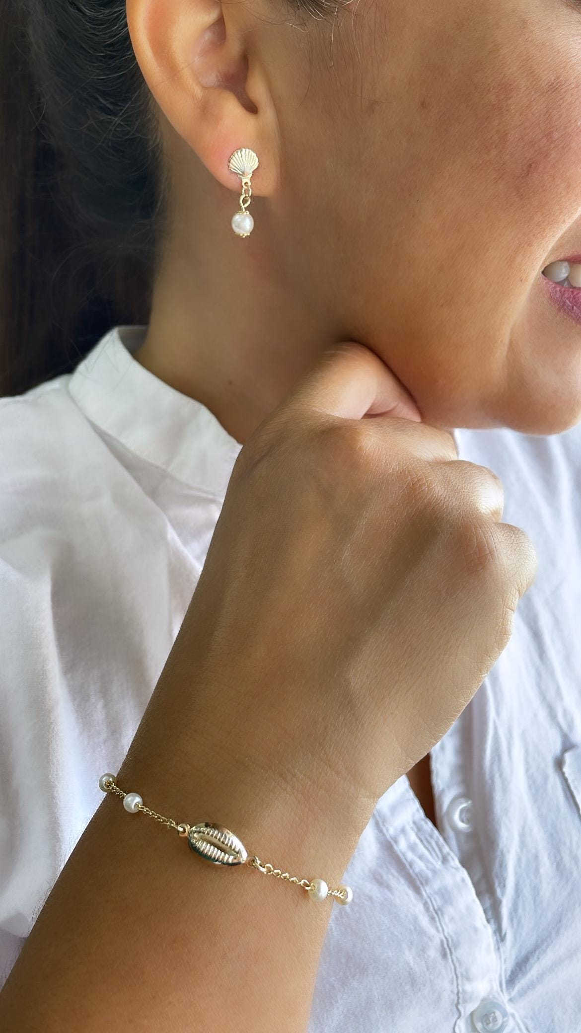 18k Gold Filled Seashell and Dangling Pearl Earrings