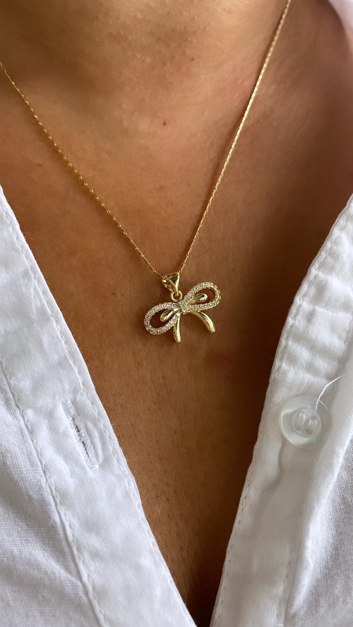 18k Gold Filled Dainty CZ Bow Pendant Charm