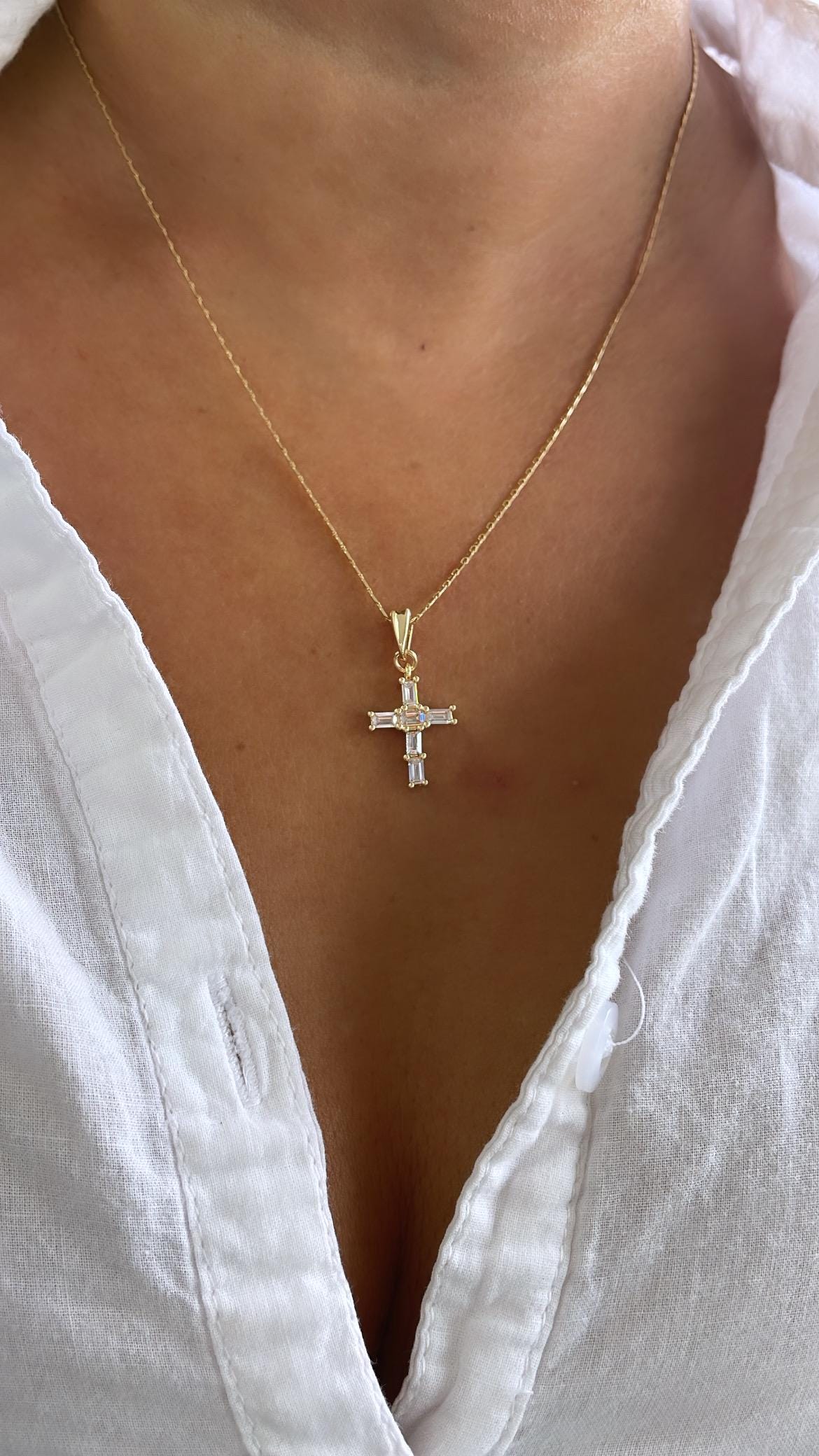 18k Gold Filled Clear CZ Baguette Stone Cut Cross Pendant In 2 Sizes