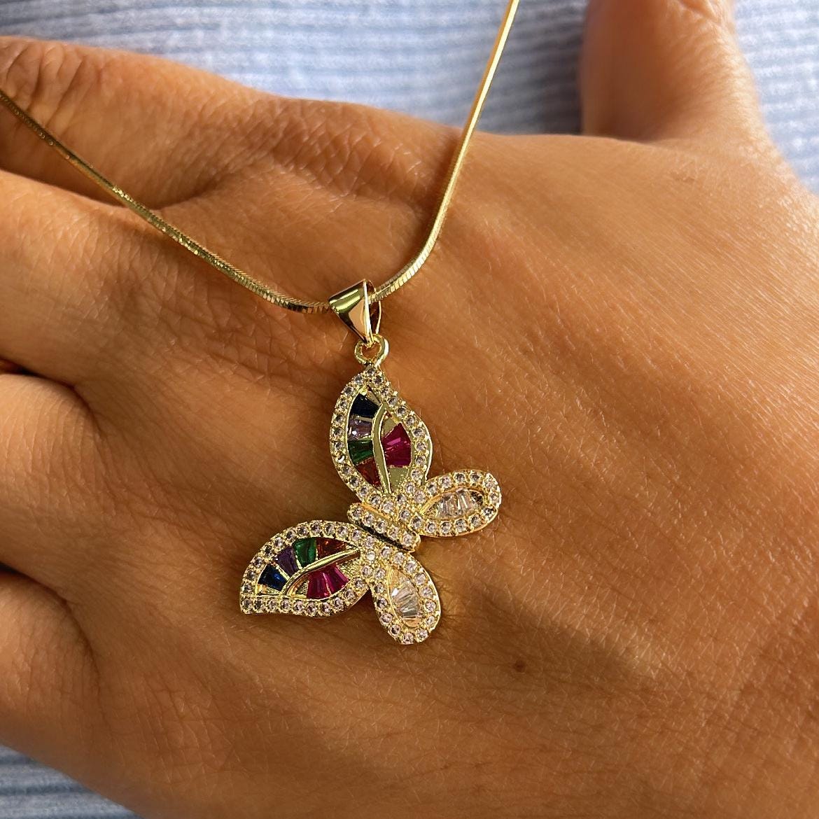 18k Gold Filled Colorful Butterfly Pendant with Colorful Baguette Stones and White Pave