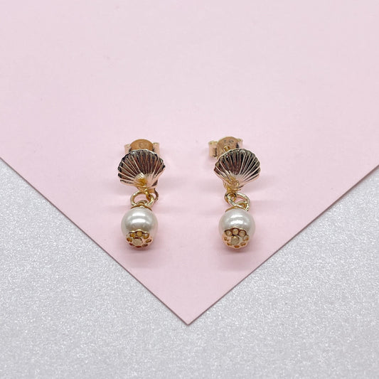 18k Gold Filled Seashell and Dangling Pearl Earrings