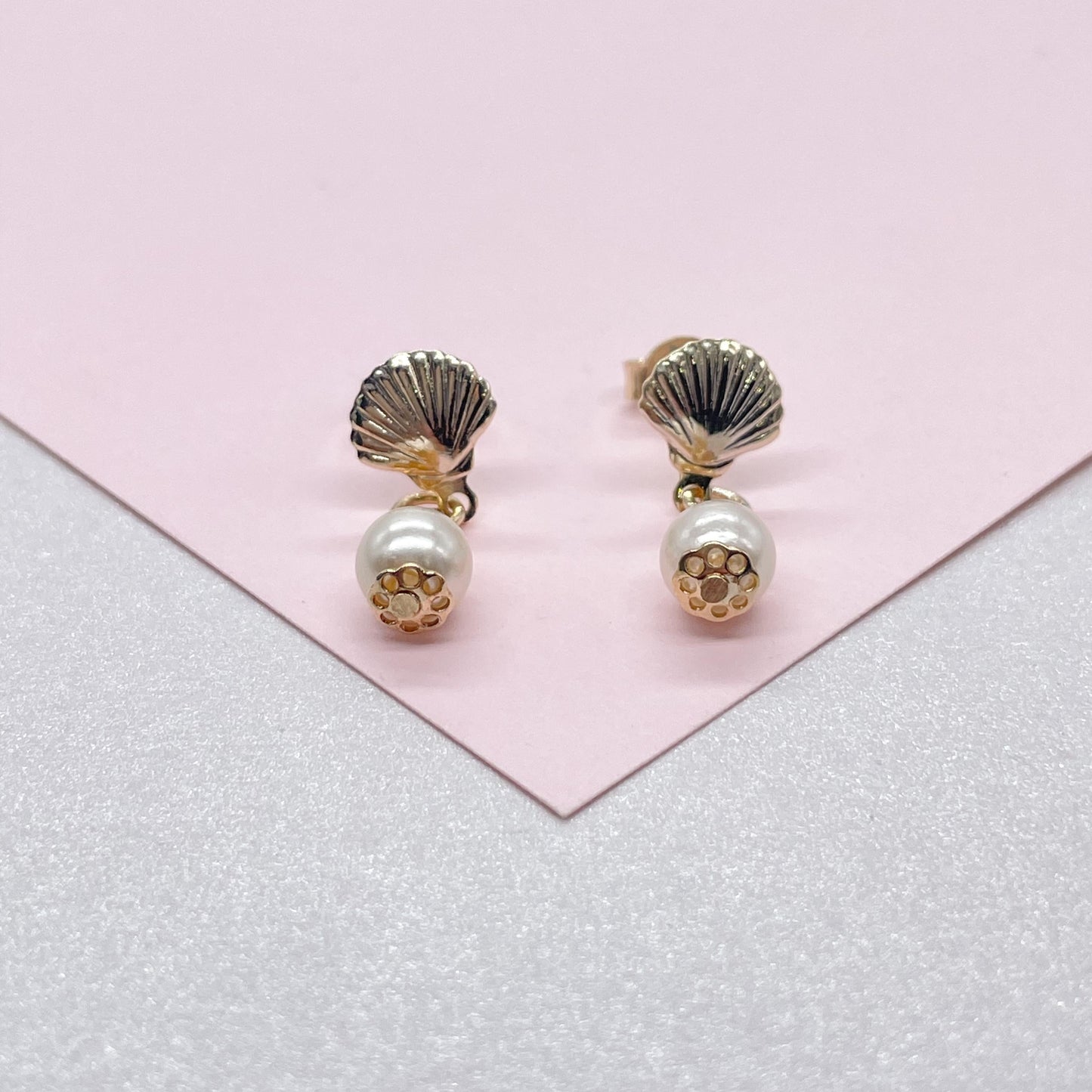 18k Gold Filled Seashell and Dangling Pearl Earrings