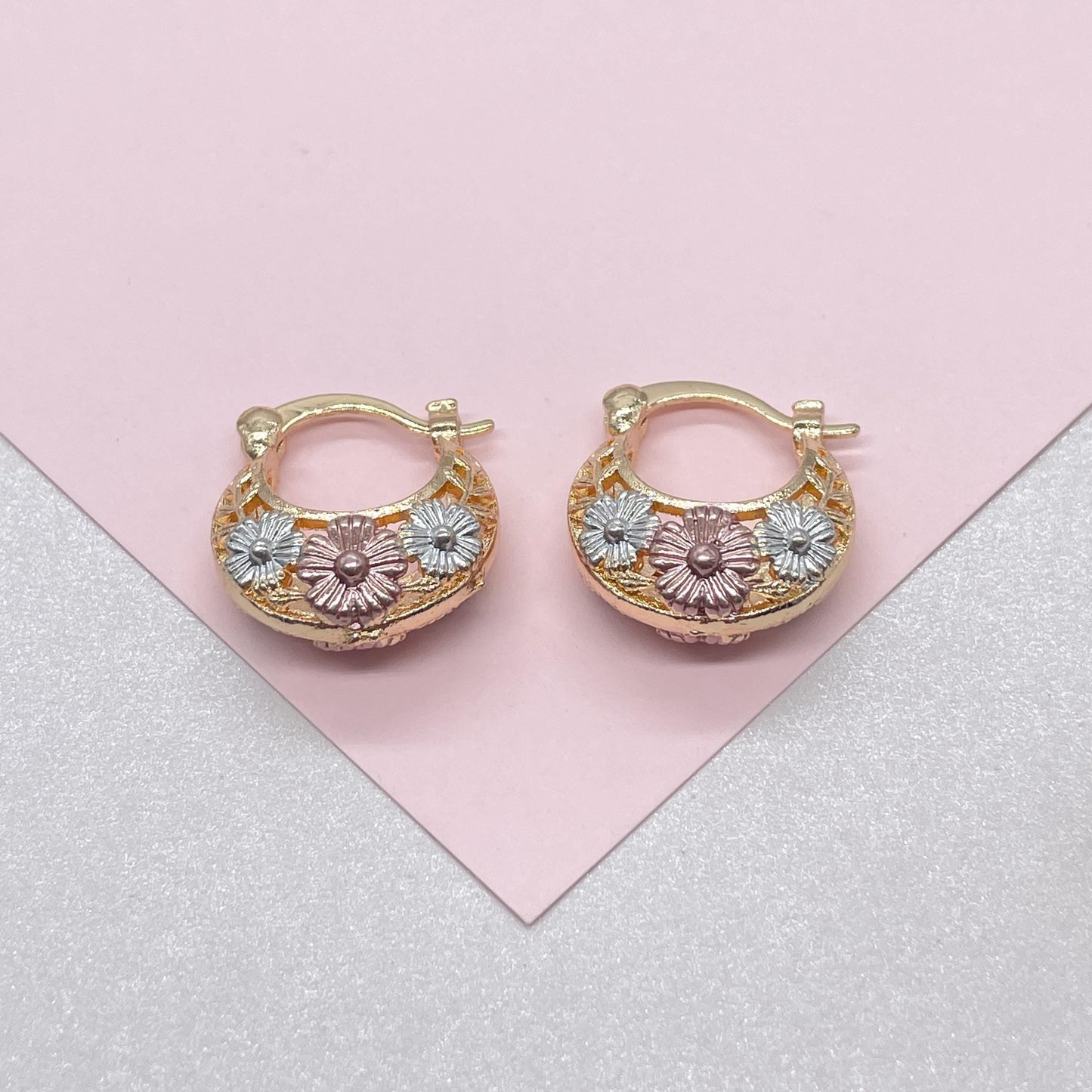 18k Gold Filled Tri-Colored Thick Open Hollow Hoop Earrings With Floral Design