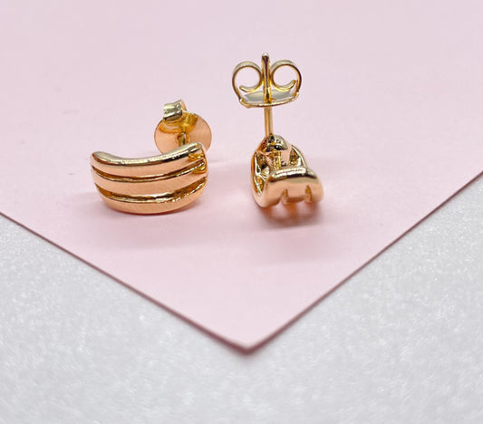 18k Gold Filled Open Smooth Tiny 3 Rowwed Earring Stud