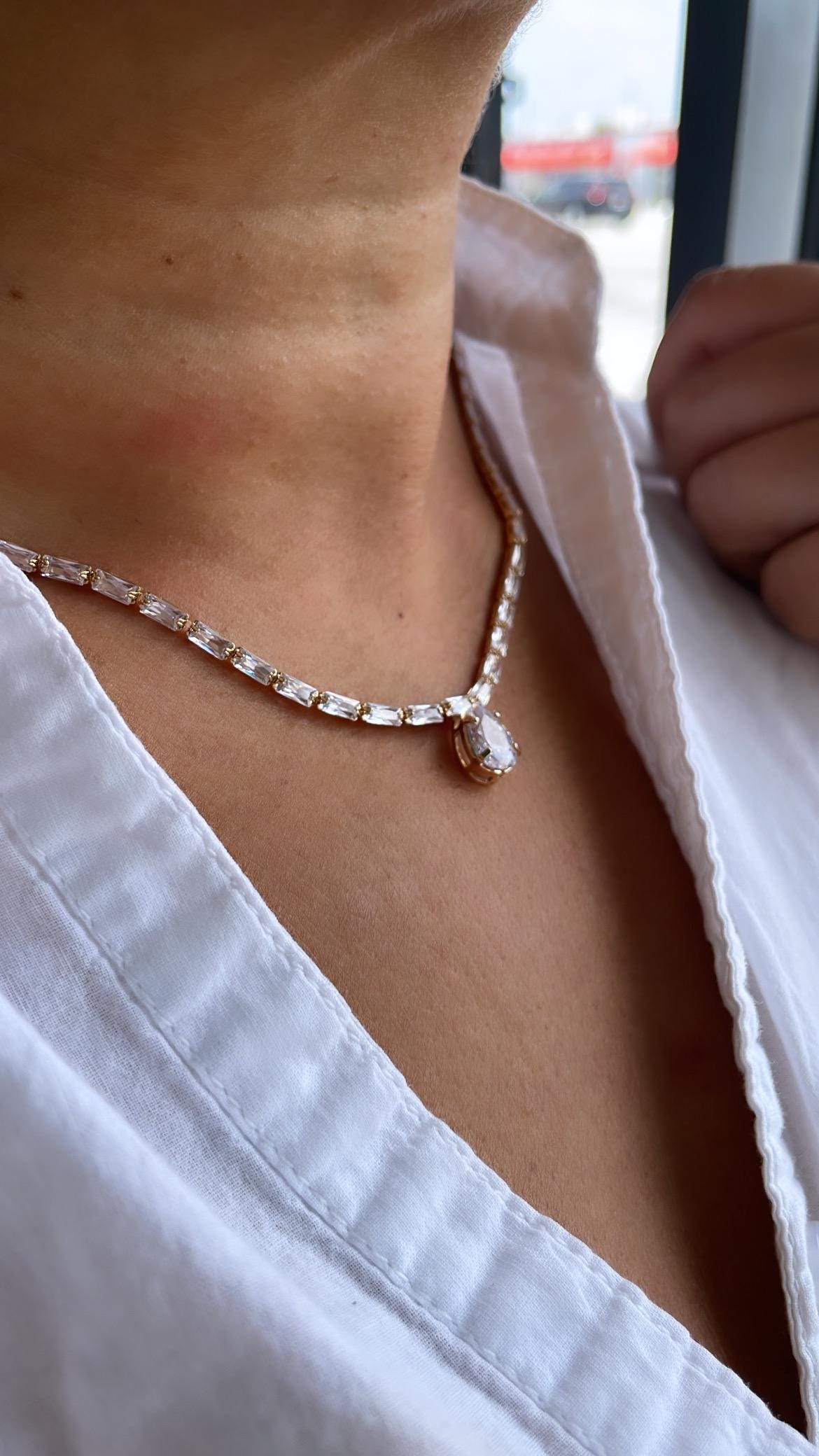 18k GoldFilled Baguette CZ Stone Set With Pear Shaped Stone in Center