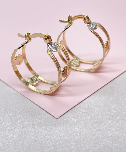 18k Gold Filled Dainty 3 Tone Screw Patterned Hoops