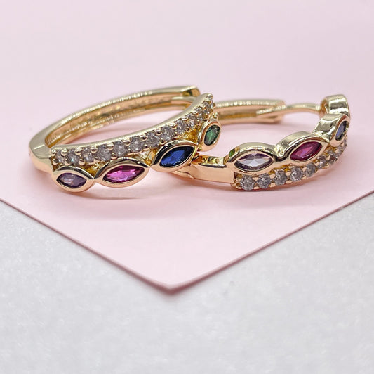 18k Gold Filled Huggie Hoop With Colorful Marquise cut Stones and CZ Pave