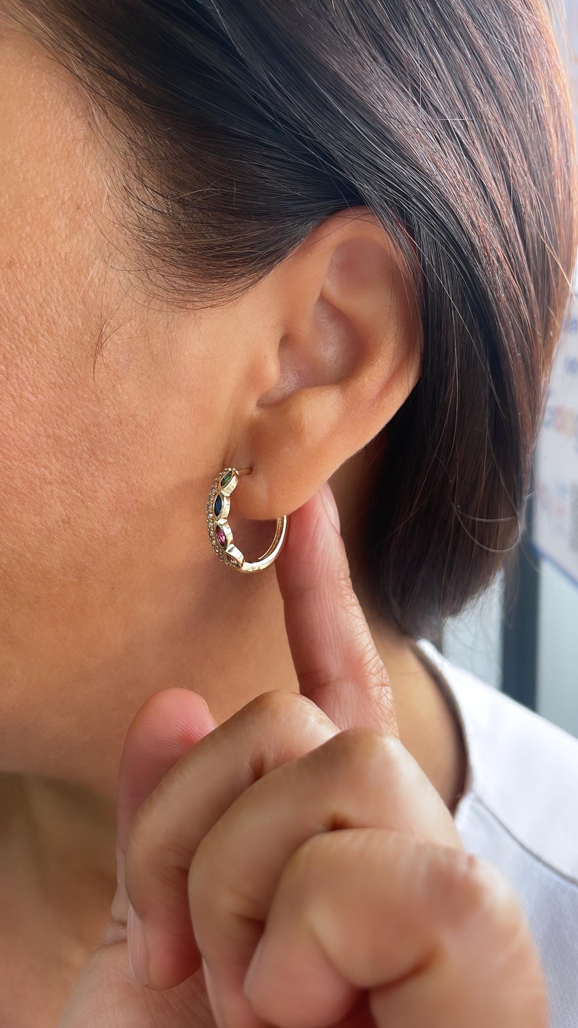18k Gold Filled Huggie Hoop With Colorful Marquise cut Stones and CZ Pave