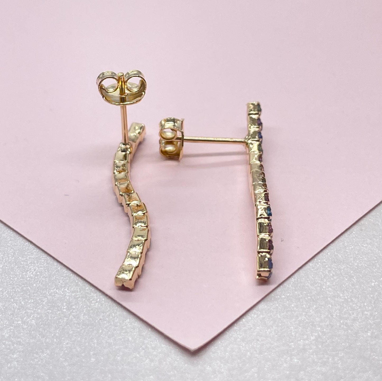 18k Gold Filled Dainty Colorful CZ Pave Line Stud Earring