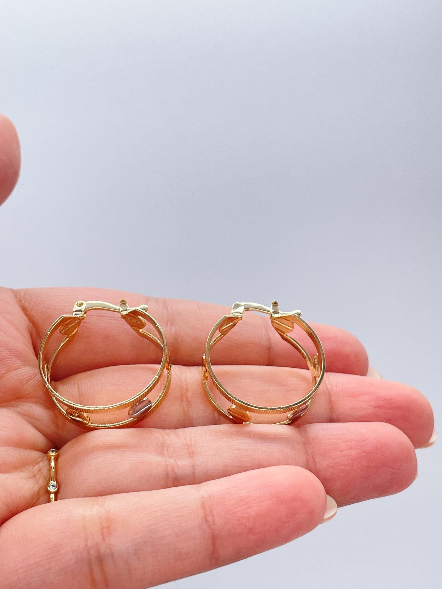 18k Gold Filled Dainty 3 Tone Screw Patterned Hoops