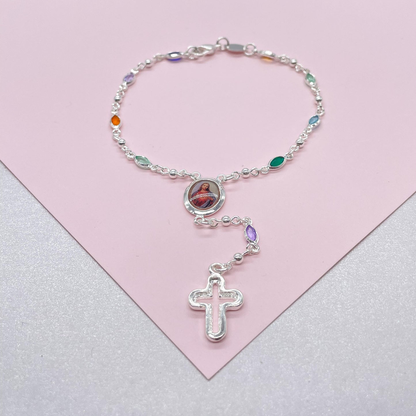 Silver Filled Small Round Colorful Rosary Bracelet, Multicolor with Jesus and Cross Medal