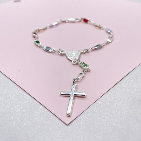 Silver Filled Small Baguette-Cut Colorful Rosary Bracelet, Multicolor with Virgin and Cross Medal