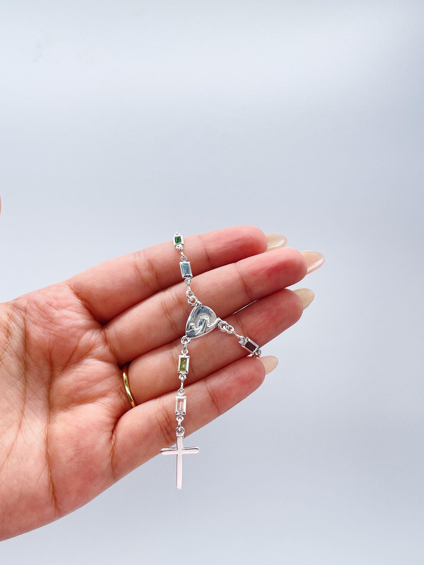 Silver Filled Small Baguette-Cut Colorful Rosary Bracelet, Multicolor with Virgin and Cross Medal