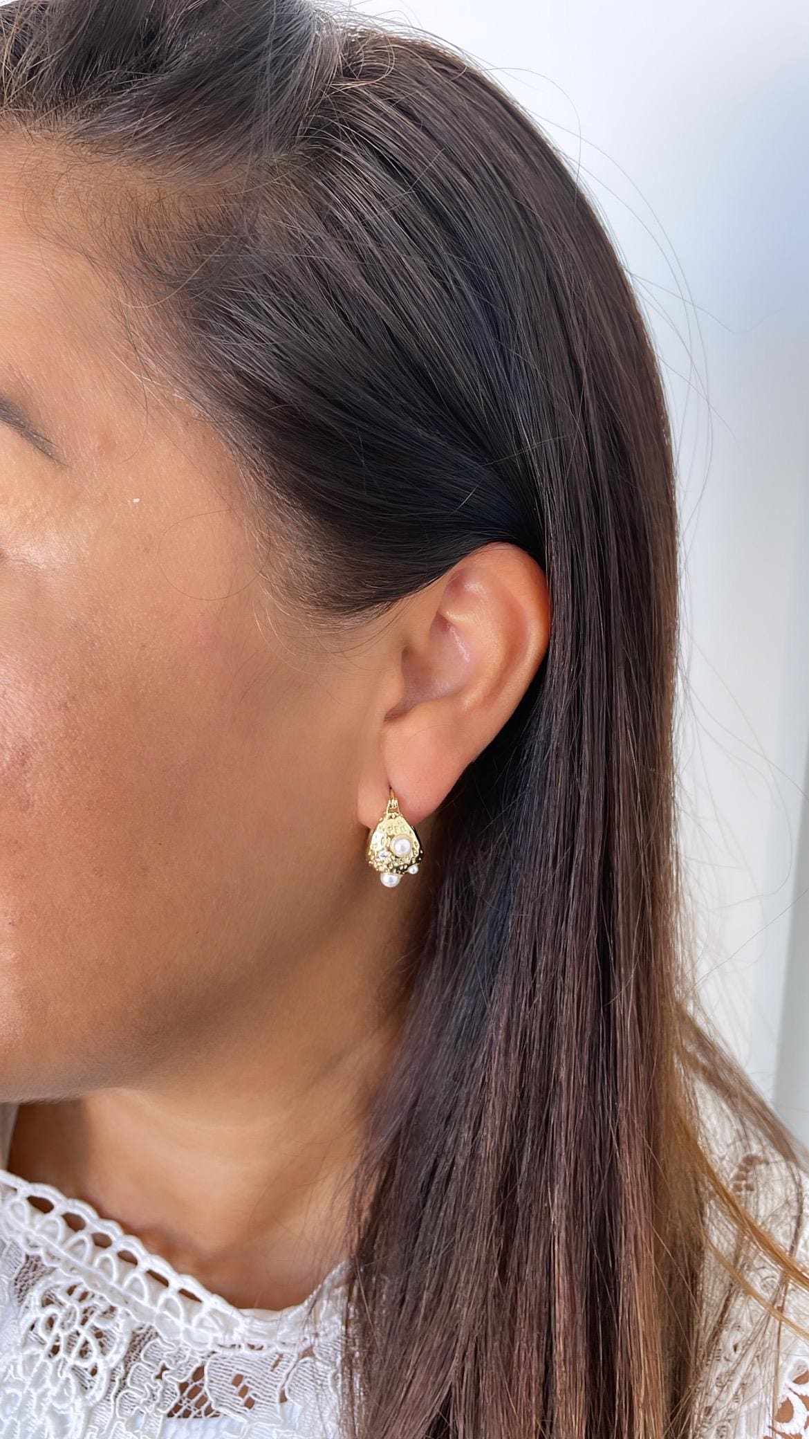 18k Gold Filled Gold Basket Hoop with Mismatched Pearl and CZ Stones Engraved